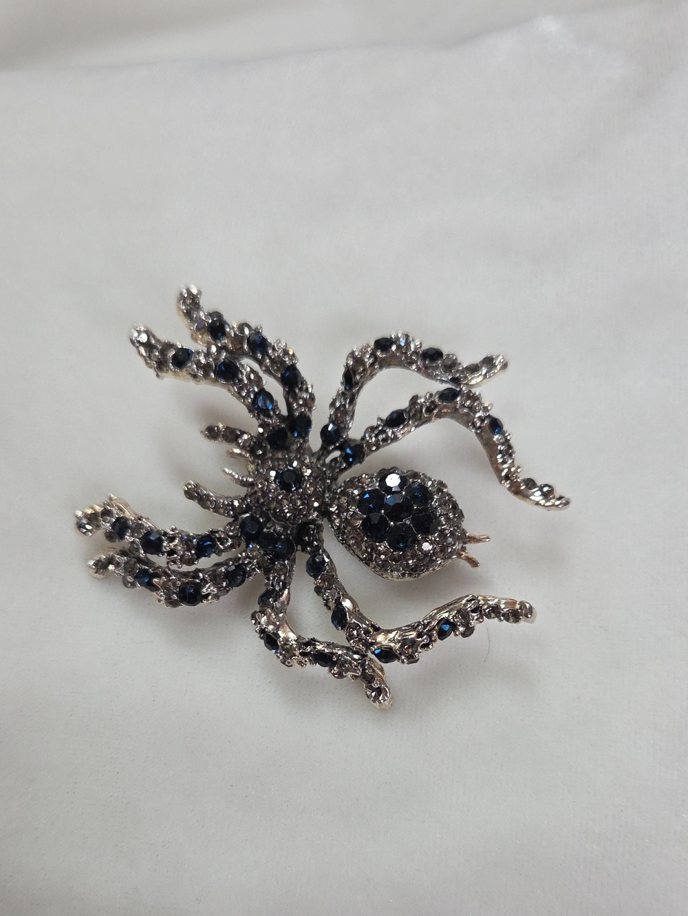 Women's Dark Blue Silver Spider Large Brooch Retro Style Pin Rhinestones Elegant
